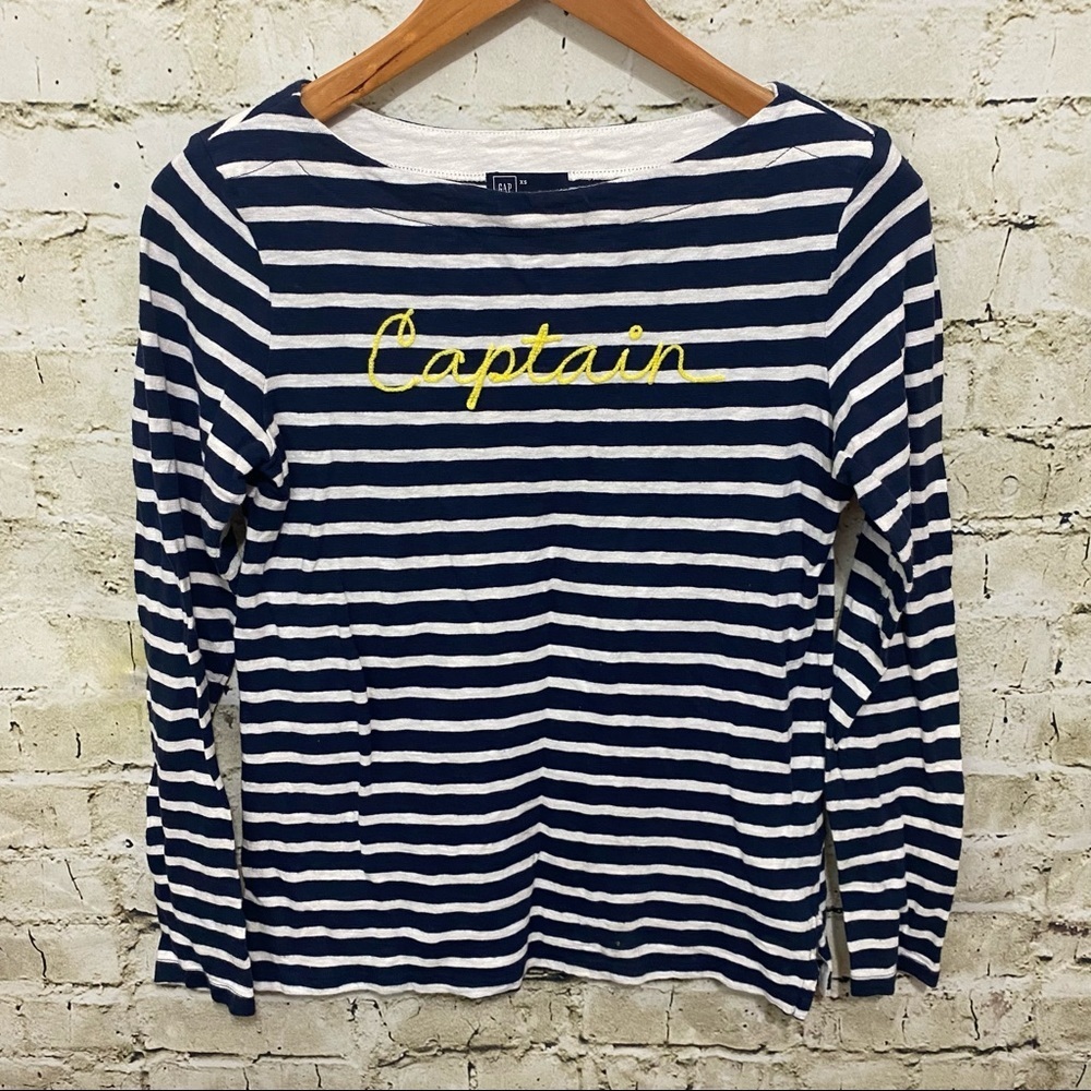 Gap Blue White Nautical Striped Captain Boat Neck Long Sleeve Shirt